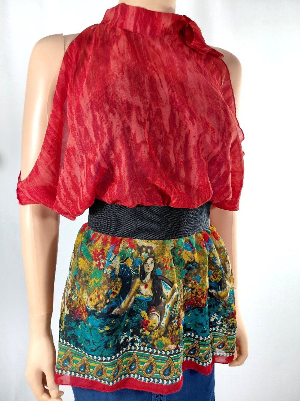 METROSTYLE Coverup Tie Neck Cold Shoulder Boho Print Chiffon Poncho 1 Size - Picture 5 of 5